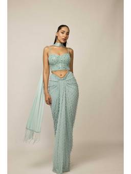 Vvani by Vani Vats - Powder Blue Single Drop Skirt With Blouse And Dupatta