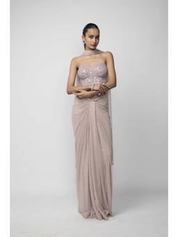 Vvani by Vani Vats - Ash Pink Draped Sequins Embroidered Skirt With Blouse And Dupatta