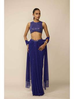 Vvani by Vani Vats - Cocktail Blue Sequins Embroidered Draped Skirt With Blouse And Dupatta