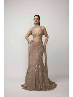 Vvani by Vani Vats - Bronze Rose Fish cut Lehenga With Blouse And Dupatta