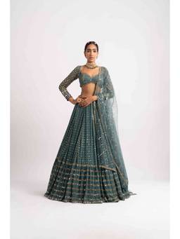 Vvani by Vani Vats - Mud Green Single Tier Lehenga with Blouse and Dupatta