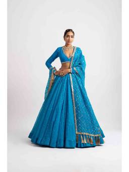 Vvani by Vani Vats - Firozi Silk Organza Blue Heavy Lehenga with Blouse and Dupatta