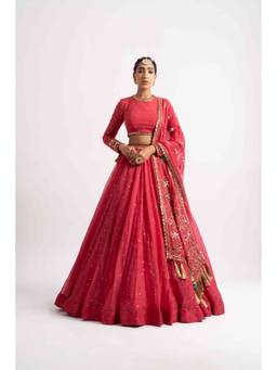 Vvani by Vani Vats - Deep Coral Silk Organza Heavy Lehenga with Blouse and Dupatta