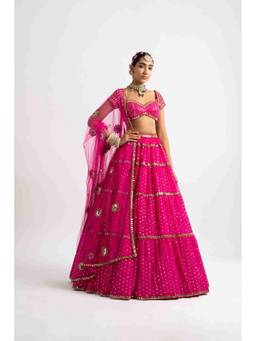 Vvani by Vani Vats - Fuchsia Multi Tier Pink Lehenga with Blouse and Dupatta