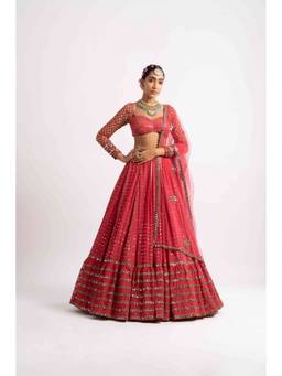 Vvani by Vani Vats - Deep Coral Single Tier Lehenga with Blouse and Dupatta