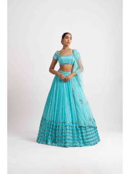 Vvani by Vani Vats - Mint Blue Single Tier Lehenga with Blouse and Dupatta