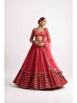Vvani by Vani Vats - Red Multi Tier Lehenga with Blouse and Dupatta