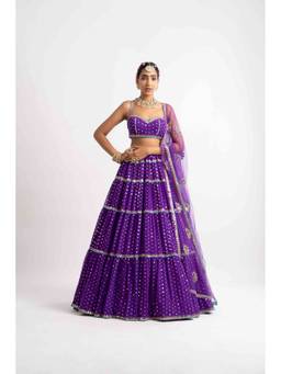 Vvani by Vani Vats - Purple Noodle Strap Multi Tier Lehenga with Blouse and Dupatta