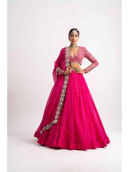 Vvani by Vani Vats - Fuchsia Pink Silk Organza Lehenga with Blouse and Dupatta
