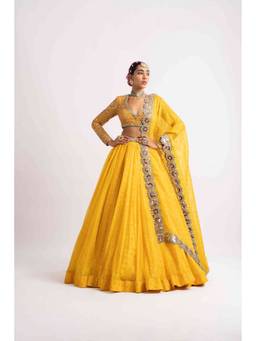 Vvani by Vani Vats - Yellow Silk Organza Lehenga with Blouse and Dupatta