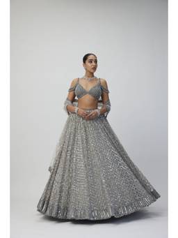 Vvani by Vani Vats - Crystal Grey Sequins Embroidered Lehenga with Blouse and Dupatta