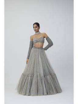 Vvani by Vani Vats - Crystal Grey Tulle Lehenga with Blouse and Dupatta