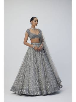 Vvani by Vani Vats - Crystal Grey Sequins Embroidered Lehenga with Blouse and Dupatta