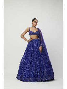 Vvani by Vani Vats - Cocktail Blue Sequins Embroidered Lehenga with Blouse and Dupatta