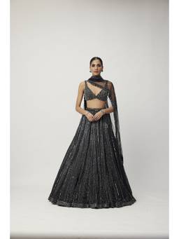 Vvani by Vani Vats - Black Crystal Linear Embroidered Lehenga with Blouse and Dupatta