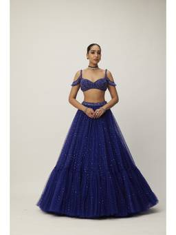 Vvani by Vani Vats - Cocktail Blue Sequins Scattered Tulle Lehenga with Blouse and Dupatta