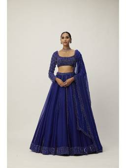 Vvani by Vani Vats - Cocktail Blue Organza Lehenga with Blouse and Dupatta