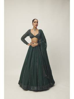 Vvani by Vani Vats - Dark Jade Green Organza Lehenga with Blouse and Dupatta