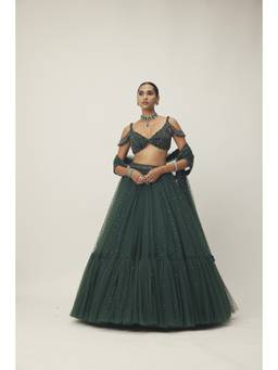 Vvani by Vani Vats - Dark Jade Green Sequins Scattered Tulle Lehenga with Blouse and Dupatta