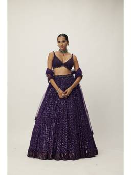 Vvani by Vani Vats - Royalty Purple Crystal Embroidered Lehenga with Blouse and Dupatta