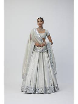Vvani by Vani Vats - Silver Shimmer Organza Linear Lehenga With Blouse And Dupatta