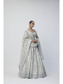 Vvani by Vani Vats - Silver Shimmer Organza Lehenga With Blouse And Dupatta