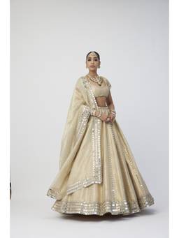Vvani by Vani Vats - Gold Shimmer Organza Linear Lehenga With Blouse And Dupatta