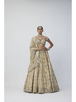 Vvani by Vani Vats - Gold Shimmer Organza Flower Lehenga With Blouse And Dupatta