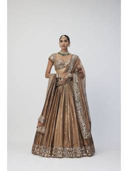 Vvani by Vani Vats - Copper Shimmer Organza Linear Lehenga With Blouse And Dupatta