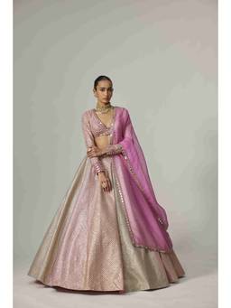 Vvani by Vani Vats - Dark Blush Pink Metallic Gota Crop Blouse with Lehenga and Dupatta
