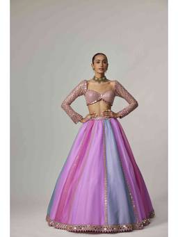 Vvani by Vani Vats - Multicolor Linear Lehenga with Blouse and Dupatta