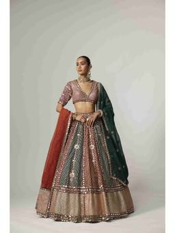 Vvani by Vani Vats - Cranberry Multicolor Linear Flower Lehenga with Blouse and Double Dupatta