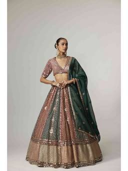 Vvani by Vani Vats - Cranberry Multicolor Linear Flower Lehenga with Blouse and Dupatta
