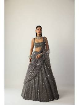 Vvani by Vani Vats - Metallic Grey Lehenga With Blouse And Dupatta