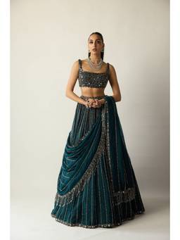 Vvani by Vani Vats - Dark Teal Linear Lehenga With Blouse And Dupatta