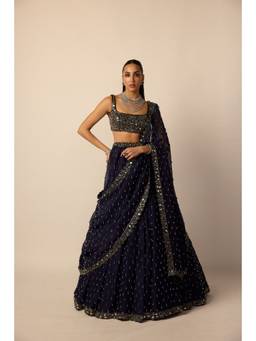 Vvani by Vani Vats - Deep Blue Single Drop Lehenga With Blouse And Dupatta