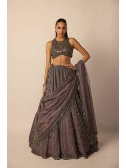 Vvani by Vani Vats - Metallic Grey Linear Lehenga With Blouse And Dupatta