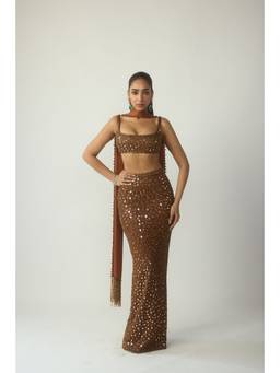 Vvani by Vani Vats - Metallic Copper Pencil Skirt With Blouse And Stole