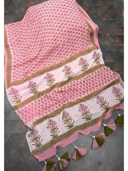 Isadora Life - Rose Pink Georgette Hand Block Print Saree with Unstitched Blouse