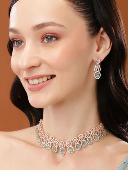 Estele - Rose Gold Plated CZ Sparkling Necklace Set with Mint Green Crystals for Women