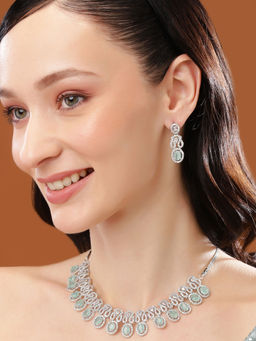 Estele - Rhodium Plated CZ Fascinating Necklace Set with Mint Green Crystals for Women