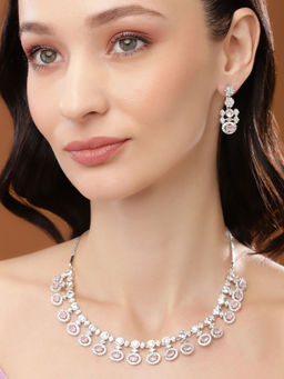 Estele - Rhodium Plated CZ Shimmering Necklace Set with Mint Pink Crystals for Women