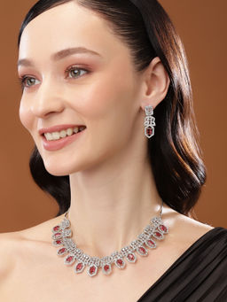 Estele - Rhodium Plated CZ Sparkling Necklace Set with Tourmaline Pink Crystals for Women
