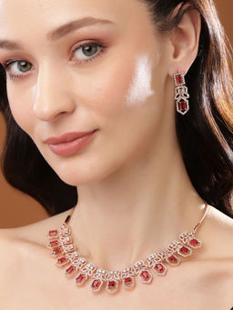 Estele - Rose Gold Plated CZ Dazzling Necklace Set with Tourmaline Pink Crystals for Women