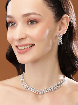 Estele - Rhodium Plated CZ Shimmering Necklace Set with White Austrian Crystals for Women