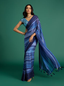 Gajra Gang - Casa Mexicana Sequins Georgette Stripes Navy Blue Saree & Unstitched Blouse