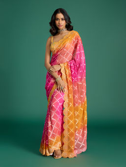 Gajra Gang - Global Gypsy Tie Dye & Diamonte Fuchsia Georgette Saree & Unstitched Blouse