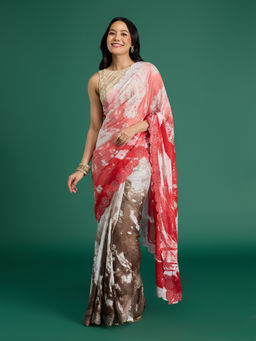 Gajra Gang - Desert Rani Tie Dye & Diamonte Red Georgette Saree with Unstitched Blouse