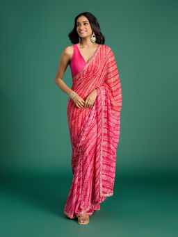 Gajra Gang - Global Gypsy Bandhani Print & Diamond Fuchsia Saree with Unstitched Blouse