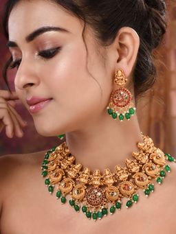 Saraf RS Jewellery - Gold Plated Kemp stone Studded Peacock Motif Bridal Choker Jewellery Set